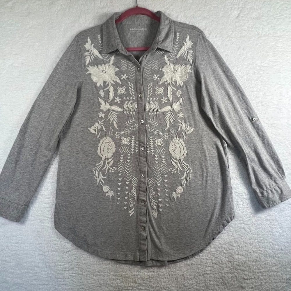 Cottagecore Embroidered Tunic Gray Floral Button Front Boho Soft Surroundings L